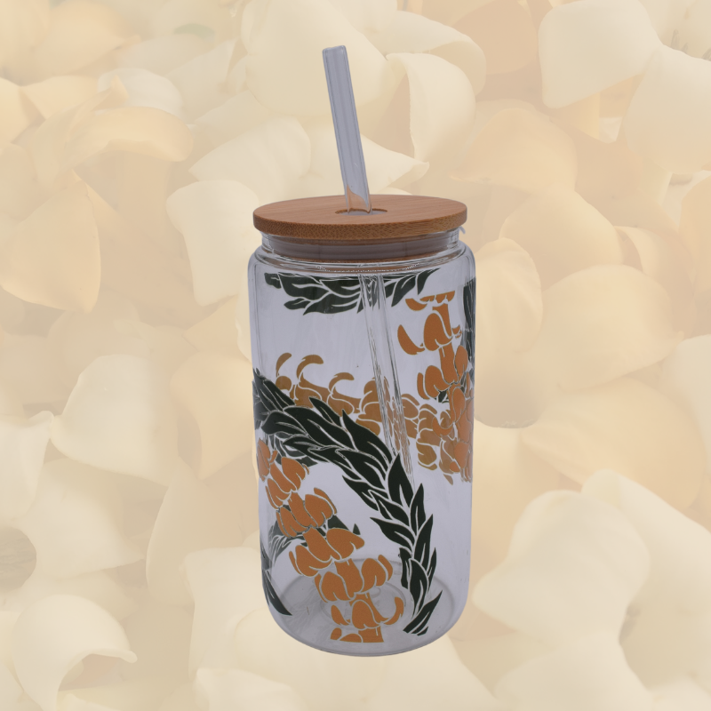 Puakenikeni and Maile 16oz Glass Cup w/ lid and straw