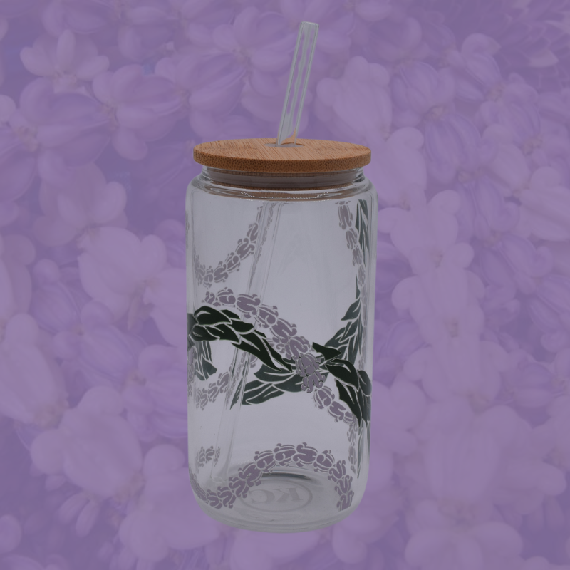 Crown flower and Maile 16oz Glass Cup w/ lid and straw