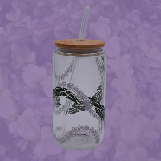 Crown flower and Maile 16oz Glass Cup w/ lid and straw