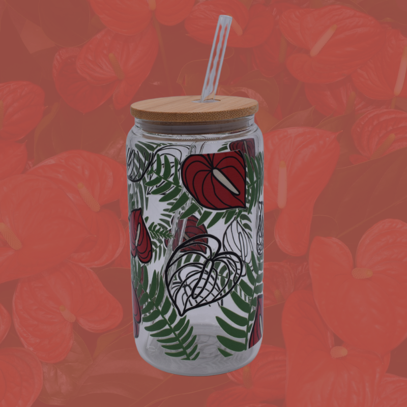Anthurium and Fern 16oz Glass Cup w/ lid and straw