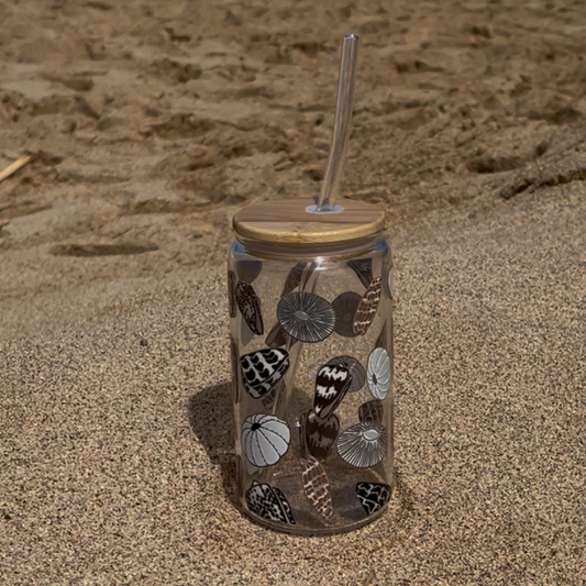 Shell 16oz Glass Cup w/ lid and straw
